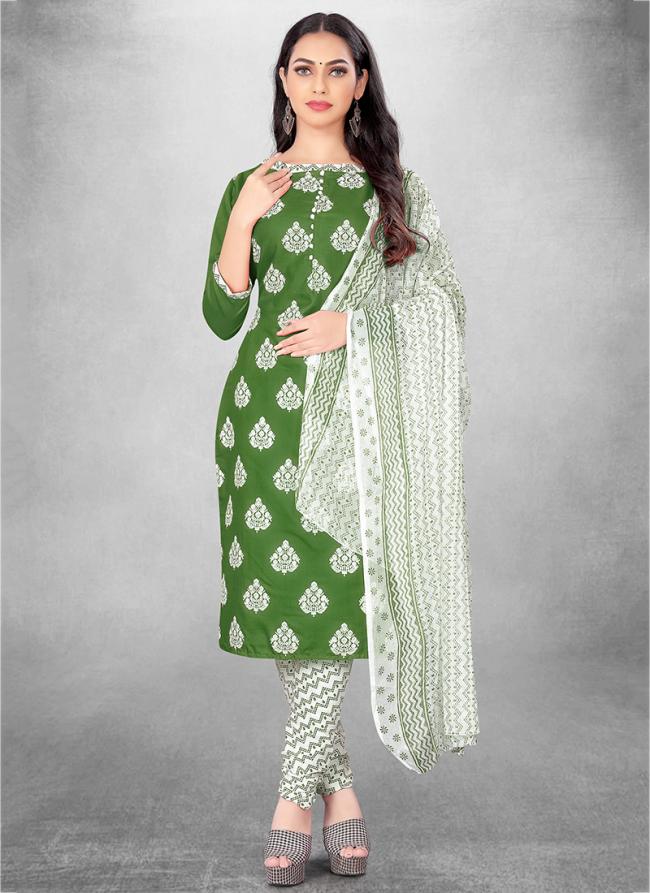 Slub Cotton Green Daily Wear Printed Churidar Suit